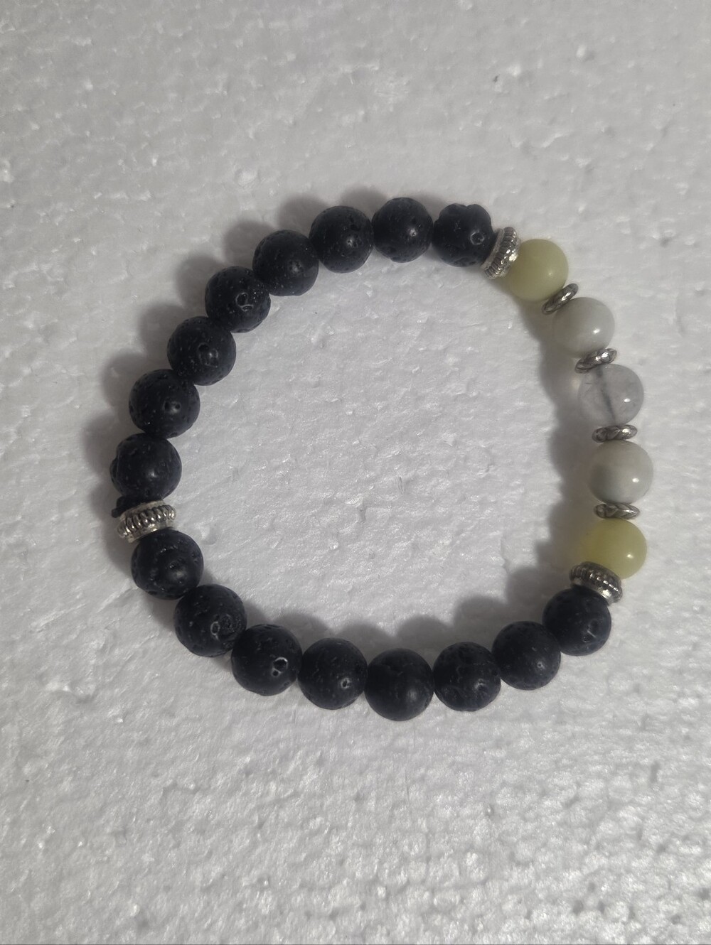 Handcrafted Black Lava Stone With Pale Yellow And White Beads Stretch Bracelet